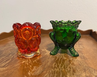 A Pair of Vintage Pressed Glass Toothpick Holder/Small Vase, Red and Green