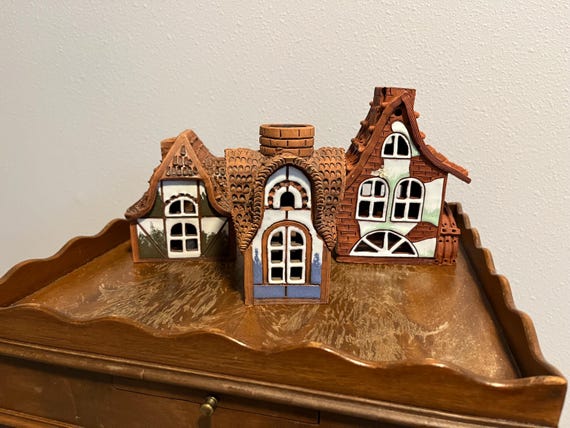 Set of 3 Vintage Hand-Built Red Clay Cottage Luminaries