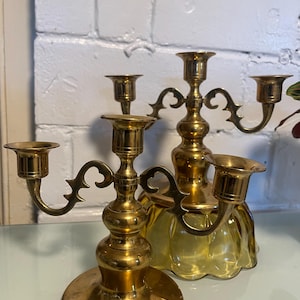 A Pair of Vintage Solid Brass One to Three Candlestick Convertible Candelabra Candle Holder