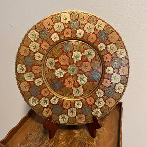 Vintage Enameled Brass Tray/Decorative Brass Wall Hanging image 1