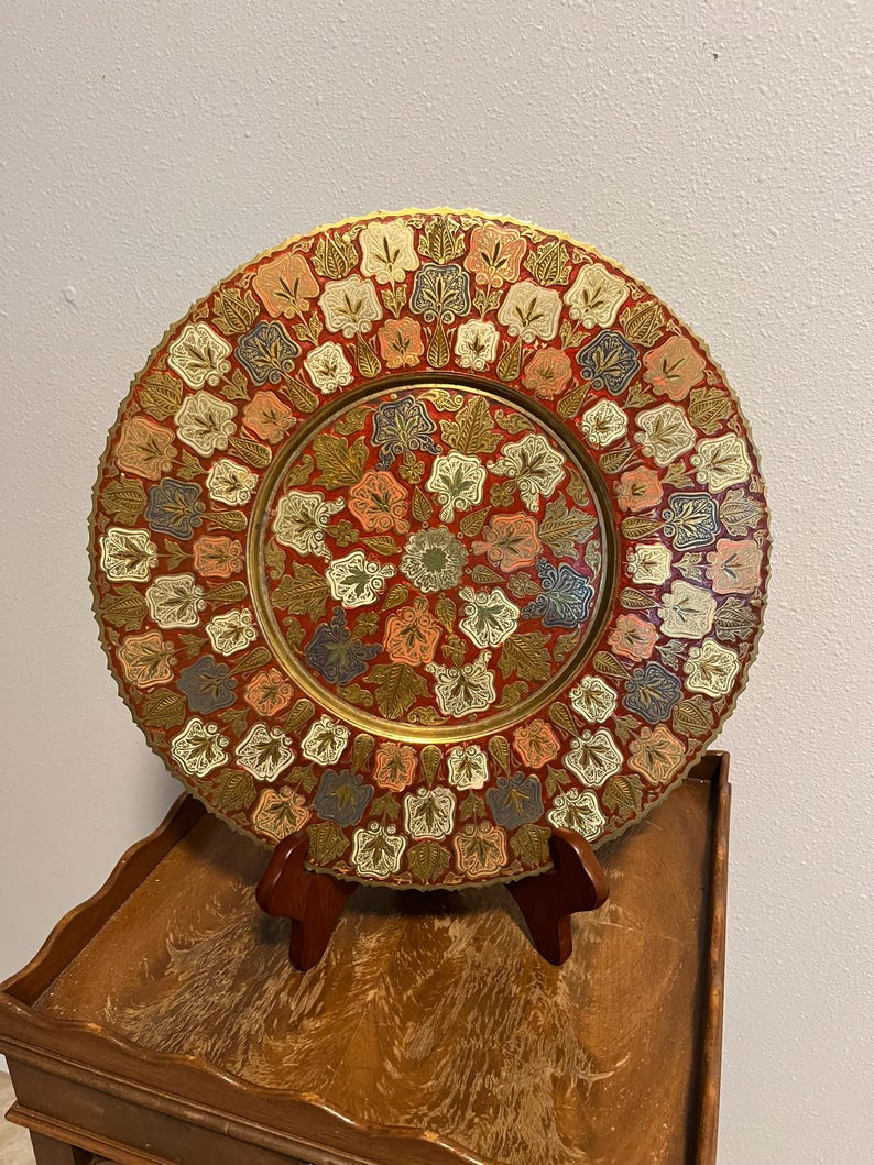 Vintage Enameled Brass Tray/Decorative Brass Wall Hanging image 1