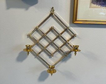 Vintage Solid Brass Partylite Accordian Candlestick Wall Sconce, Three Candlestick Wall Sconce