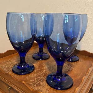 Set of 4 Vintage Libbey Cobalt Blue Wine Glasses, Water Goblets, Barware, Drinkware