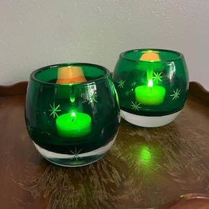 Set of 2 Vintage Glass Tealight/Votive Candle Holder with Etched Stars in Green, Polish Glass