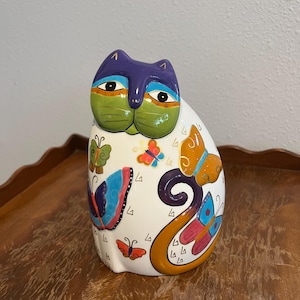 Vintage Laurel Burch Gantz Butterflies Multi-Colored Ceramic Cat Figurine