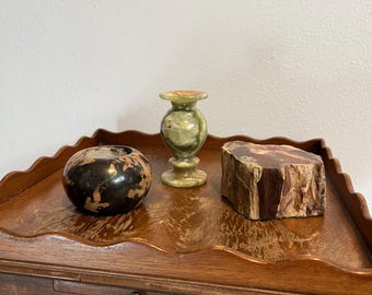 A Trio of Vintage Mineral Objects, Stone Tealight Candle Holder, Onyx Vase, Petrified Wood