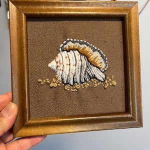 Vintage Finished Jiffy Stitchery "Onion Tun Shell" Crewel Embroidery, Small 6x6, Framed