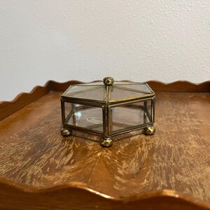 Vintage Brass and Etched Glass Mini Vanity Curio Jewelry Box Small Hexagonal Trinkets Display