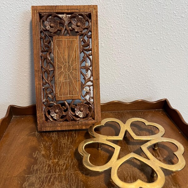 Set of 2 Vintage Trivets, Brass Hearts and Sheesham Wood with Brass Inlay