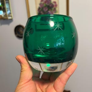 Vintage Glass Tealight/Votive Candle Holder with Etched Stars in Green, Polish Glass