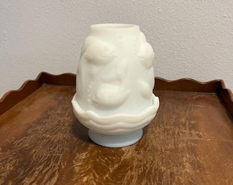 Vintage Fenton White Satin Glass Koi Fish Fairy Lamp from Atlantis Collection