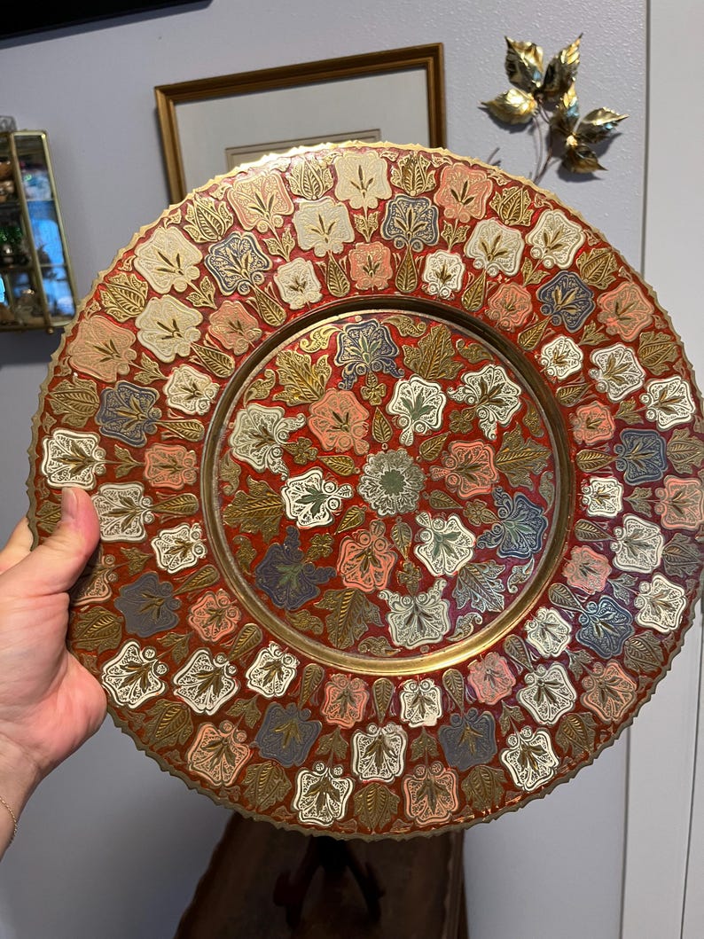Vintage Enameled Brass Tray/Decorative Brass Wall Hanging image 2