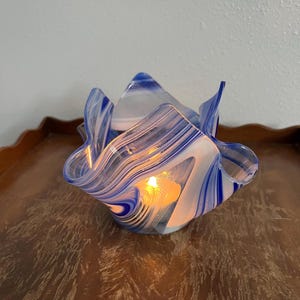 Handmade Glass Tealight or Votive Candle Holder Swirls of Blue and White