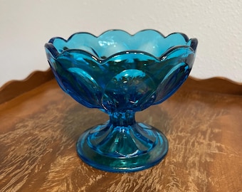 Vintage Anchor Hocking Blue Compote Dish 1960s Pedestal Candy Dish