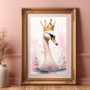 pretty swan with a gold crown in pastel tones  digital download art print library artwork nursery girls room