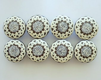 Wood Drawer Knob, single Knob, home decor, Brown and Cream, hand-painted knobs, neutral knobs, farmhouse hardware, drawer pulls