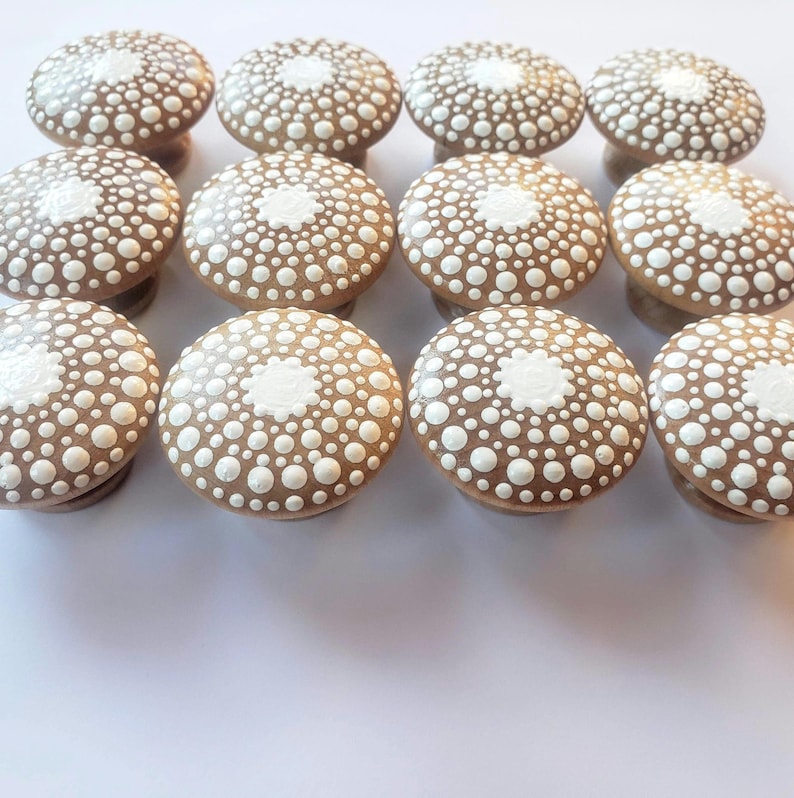 Hand-Painted Wood Drawer Knob: White Mandala Design Neutral Decor image 2