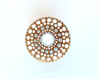 Hand-Painted Wood Drawer Knob: Gray and White Mandala