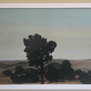 I am Groot -- Original Framed Landscape Painting Oil on Board -- Moody Pale Blue Sky and Clouds with Piñon Pine Tree