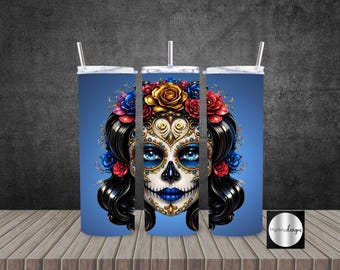 Tumbler 20oz Skinny 2 Wraps | Sugar Skull Smokey Blue | PNG Sublimation Digital Download | Día de los Muertos