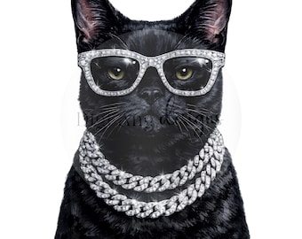 Chic Black Cat PNG, Bling Clip Art (Digital Download)