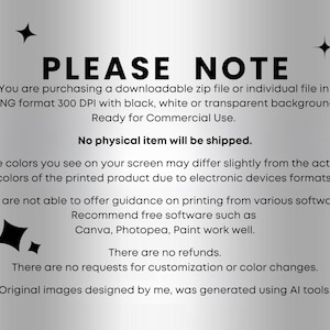 May include: A digital graphic with the text "PLEASE NOTE" in bold black font. The text provides information about the downloadable file, including format, resolution, and usage rights. Additional text clarifies that no physical item will be shipped.