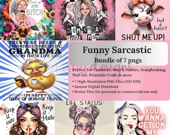Funny Sarcastic PNG Clipart Bundle | 7 PNG Images for Crafts, Scrapbooking (Digital Download)