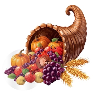 May include: A digital illustration of a cornucopia overflowing with autumn harvest. The horn is brown, filled with orange pumpkins, red apples, purple grapes, and wheat stalks. A white circle is behind the cornucopia.