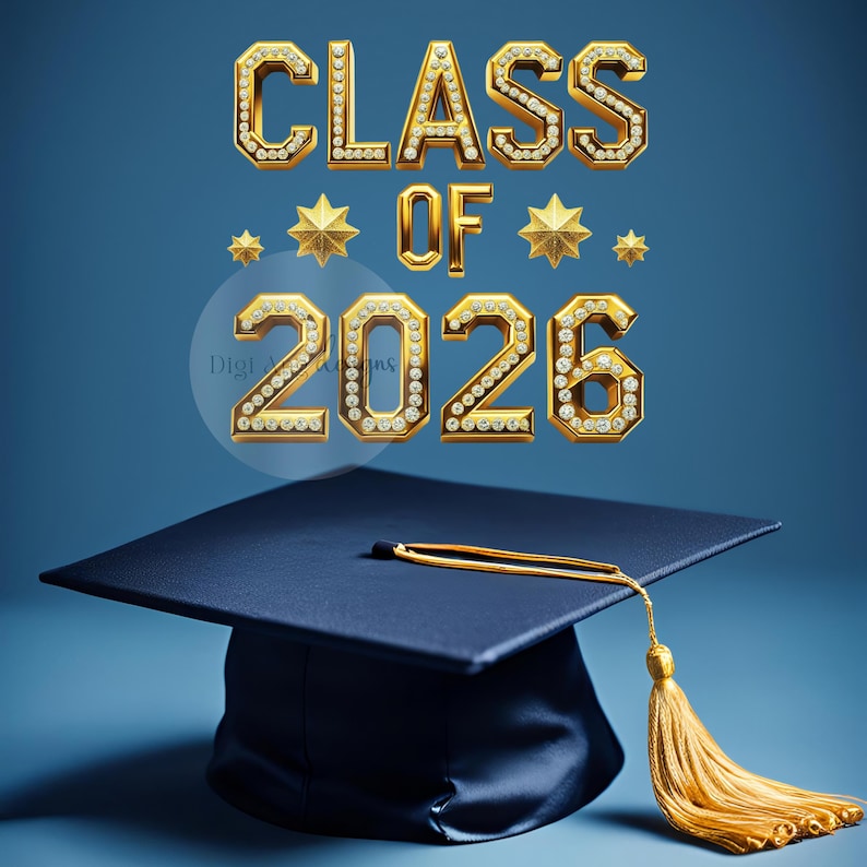 May include: A graduation cap with a gold tassel sits below the words "CLASS OF 2026" in gold with diamond accents. Gold stars are scattered around the text on a blue background. The cap is navy blue.
