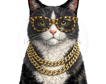 Chic Tuxedo Cat PNG, Bling Clip Art (Digital Download)