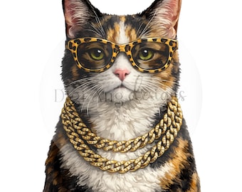 Chic Calico Cat PNG, Bling Clip Art (Digital Download)