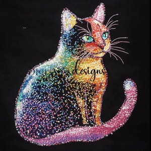 Op de afbeelding: Een kleurrijke kat gemaakt van glinsterende pailletten op een zwarte achtergrond. De kat zit met zijn staart om zijn lichaam gekruld. De vacht van de kat is een mix van zwart, oranje en wit.