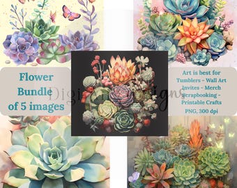 Succulent Flower Bundle #6 Art | 5 PNG Images for Crafts, Scrapbooking (Digital Download)