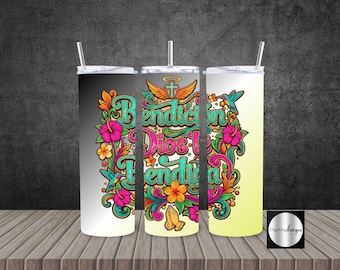 Tumbler 20oz Skinny Wrap | Bendicion Dios Te Bendiga | PNG Sublimation Digital Download | Puerto Rico, Religious, Blessings