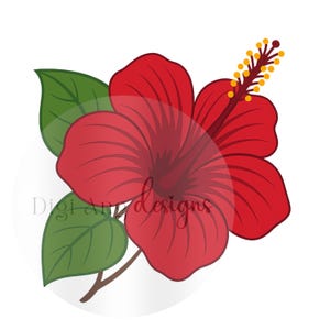 Op de afbeelding: Een felrode hibiscusbloem met groene bladeren en een bruine stengel. De bloem heeft een gedetailleerd ontwerp met gele en bruine meeldraden. De afbeelding bevat de tekst "Digi Art designs".