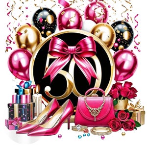 Könnte beinhalten: Festliches Bild mit einer großen goldenen "50" vor schwarzem Hintergrund, umgeben von rosa, goldenen und schwarzen Luftballons. Eine rosa Schleife, High Heels, eine Handtasche, Schmuck, Geschenke und Rosen vervollständigen die festliche Szene.