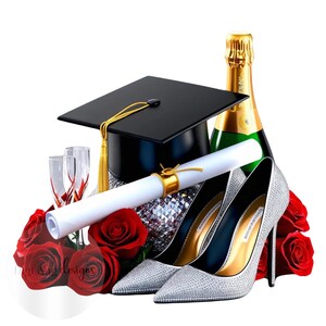 Graduación, Diploma, Tacones Plateados, Rosas Sublimadas PNG Clipart, Plata, Rojo Descarga Digital, Diseño de Graduación 300 DPI