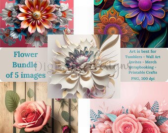 Flower Bundle #7 Art | 5 PNG Images for Crafts, Scrapbooking (Digital Download)