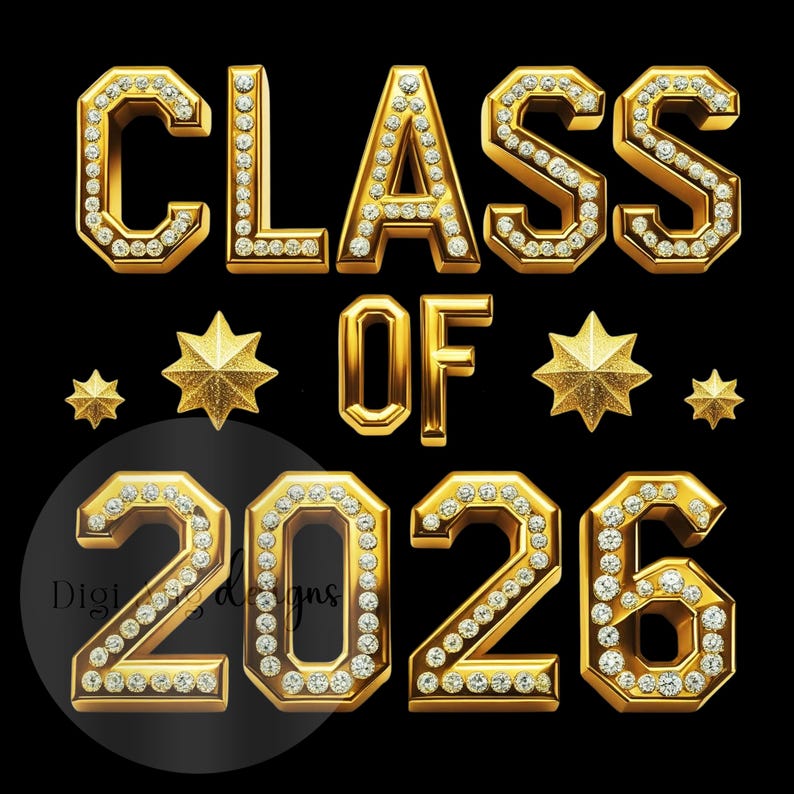 May include: A digital graphic on a black background that reads "CLASS OF 2026" in gold, gem-studded lettering. Gold star accents are placed around the text. The design is likely for graduation-themed products.