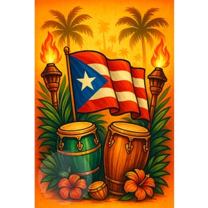 Könnte beinhalten: Lebendige Illustration mit der puerto-ricanischen Flagge über Conga-Trommeln und tropischem Laub. Zwei Tiki-Fackeln mit Flammen flankieren die Flagge. Palmen und Hibiskusblüten vervollständigen die tropische Szene vor einem orangefarbenen Hintergrund.