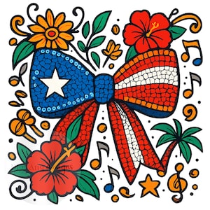 Könnte beinhalten: Eine farbenfrohe Illustration mit einer Schleife im Design der puerto-ricanischen Flagge, umgeben von Blumen, Noten und einer Palme. Die Schleife ist blau mit einem weißen Stern und rot-weißen Streifen, auf weißem Hintergrund.