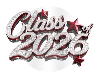 Class of 2026 Graduation PNG: Silver Diamond Red Stars Clipart (Digital Download)