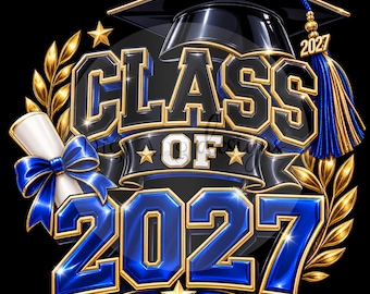 Class of 2027 Graduation, Blue Gold Watercolor | Digital Download PNG 300 DPI