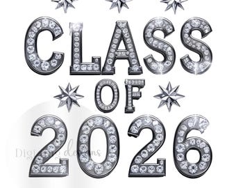 Class of 2026 Graduation PNG: Silver Diamond Stars Clipart (Digital Download)