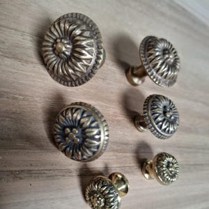 May include: Six brass cabinet knobs with a floral design. The knobs are of different sizes and have a polished finish.