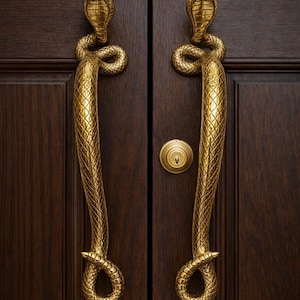 May include: A pair of dark brown wooden doors with ornate gold-colored door handles. The handles are shaped like snakes, with detailed scales and serpent heads. A gold-colored doorknob is centered between the handles.