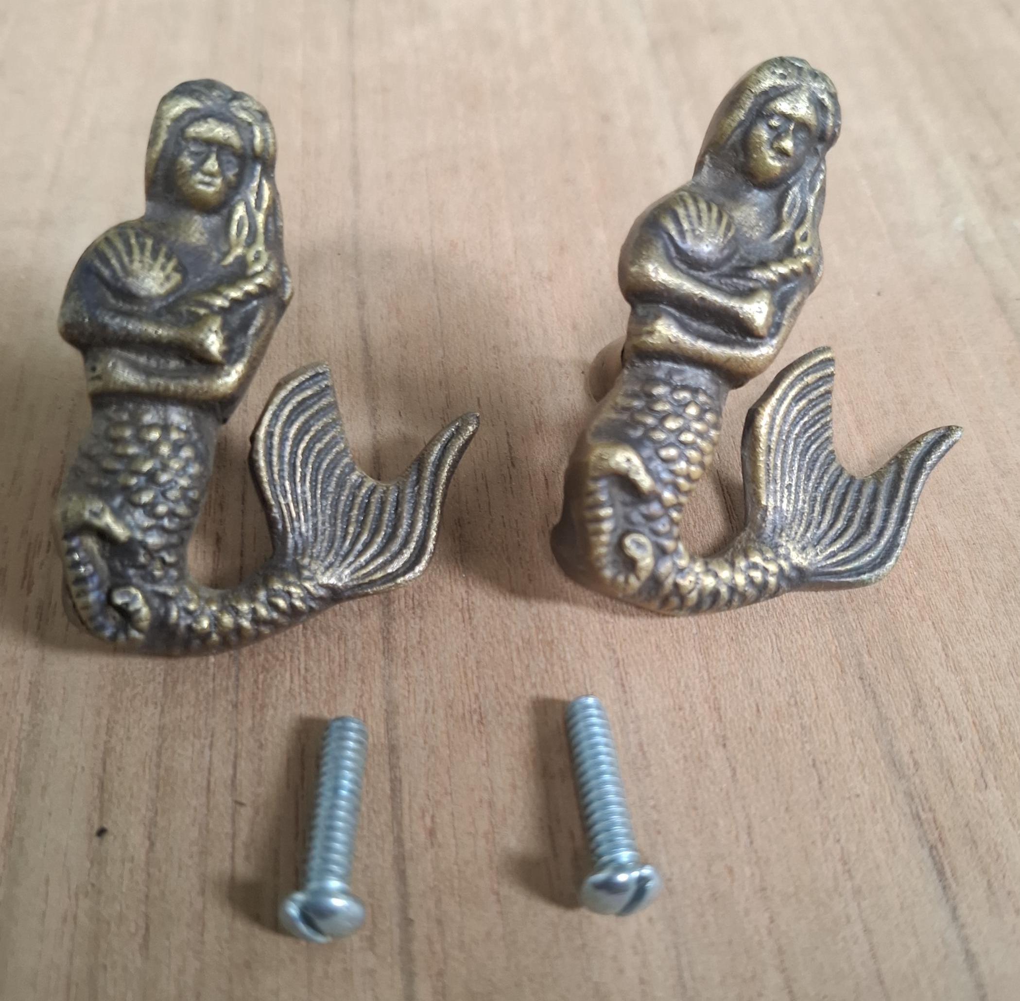 4 Solid Brass Mermaid Knobs: Vintage Cabinet Hardware