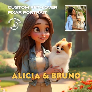 Personalized Pixar-Style Pet and Owner Portrait | Digital Cartoon Wall Art | Unique Gift for Pet Lovers | Disney-Inspired Downloadable Art