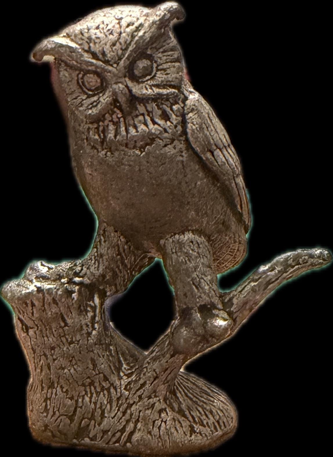 Vintage 1974 Metal Owl Figurine on Tree Stump Base &ndash; Silver Tone 70s Woodland Decor