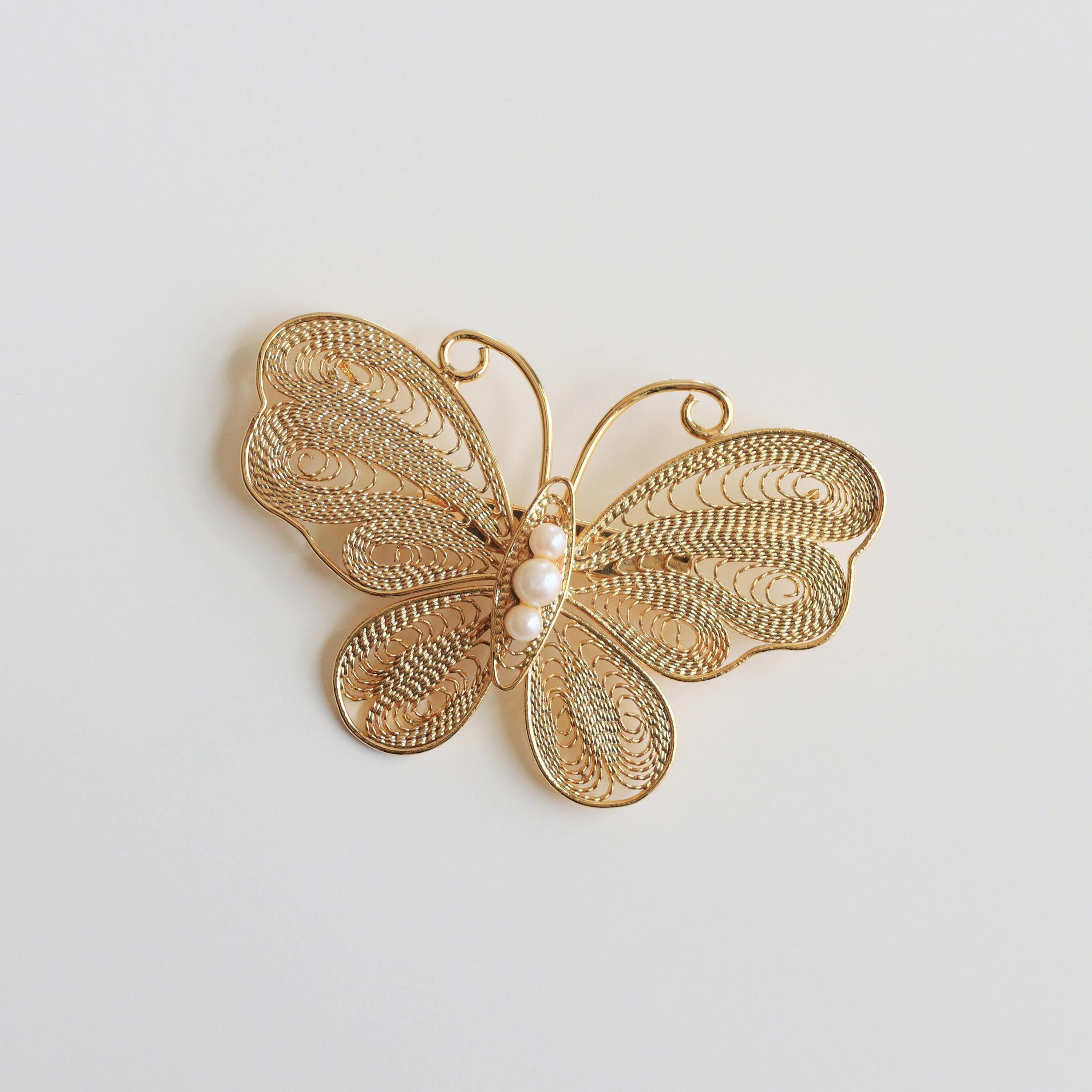 1960s-70s Vintage Gold Filigree Butterfly Pearl Brooch